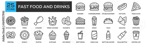 Fast Food and Drinks icon collection set. Containing design Burger, Cheeseburger, Double Burger, Hot Dog, Pizza Slice
