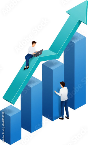Business Person Leaning Forward on Tallest Blue Bar with Laptop and 3D Upward Arrow Isometric Illustration
