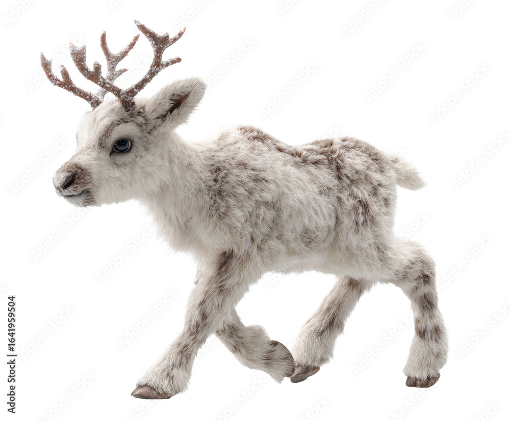 Fototapeta premium A charming baby reindeer, captured in a moment of graceful movement against a clean backdrop.