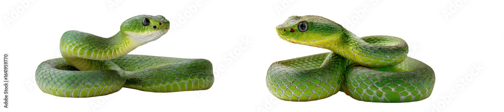 Fototapeta premium Green viper snake coiled and ready to strike, isolated on transparent background