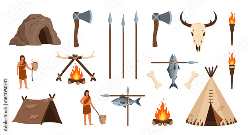 Prehistoric cavemen tools and shelter items illustration for ancient lifestyle