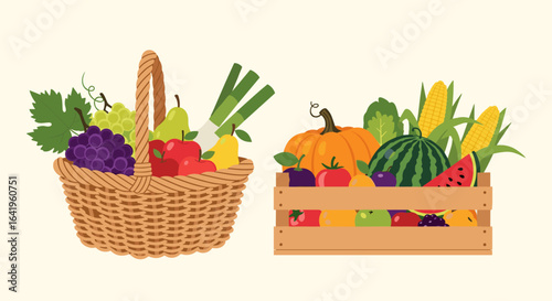 A bountiful harvest of fresh fruits and vegetables presented in a woven basket and a wooden crate symbolizing abundance and healthy eating choices