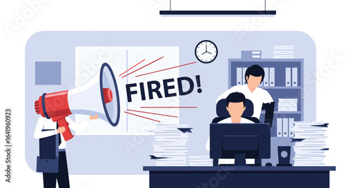 Business professional receiving firing announcement through megaphone in office environment with colleagues