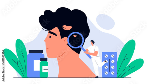 Alopecia and hair loss concept. Tiny doctor holding magnifying glass and examining man scalp with baldness. Dermatology, trichology, hair care scene. Isolated vector illustration in cartoon style