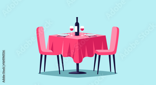 Cozy romantic dinner table setting for two with wine and glasses