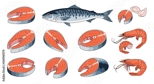 Delicious seafood variety featuring fresh salmon steaks and whole mackerel along with plump shrimp and garlic cloves for gourmet cooking