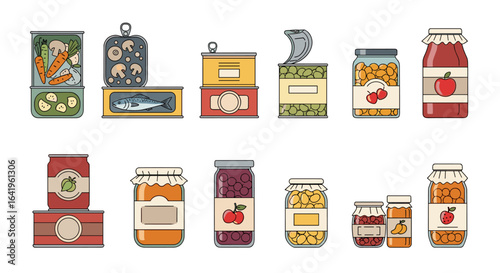 Collection of preserved foods in cans and jars offering a visual representation of shelf stable provisions