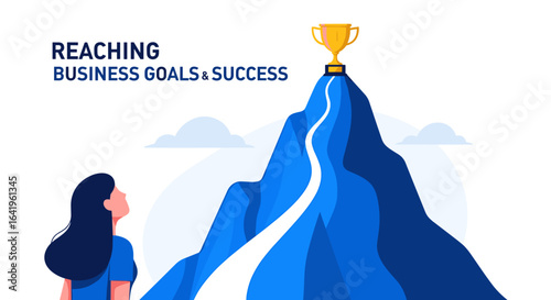 A determined person gazes up at a tall mountain with a winding path leading to a golden trophy at the summit signifying business goals and success
