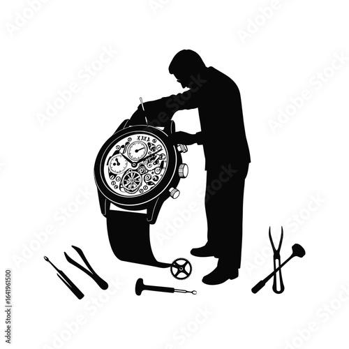 Watch Repair Silhouette Craftsman Servicing Luxury Timepiece with Tools