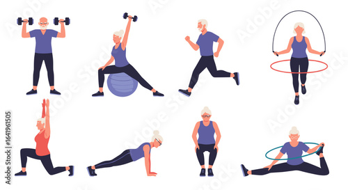 Active senior citizens engaging in various forms of physical exercise and healthy lifestyle activities