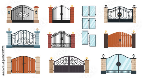 Collection of decorative driveway gates and entrance pillars showcasing diverse architectural styles and materials for home security and aesthetic appeal