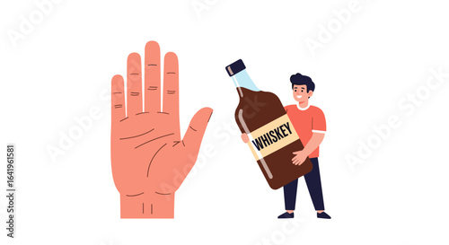 Man offering whiskey bottle stopped by large open hand conveying a clear message of refusal against alcohol consumption