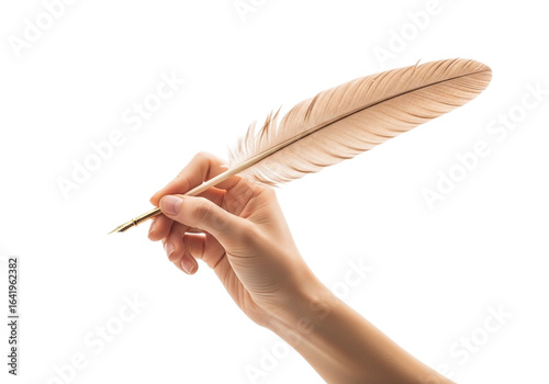 Photo of close up of a hand holding a feather quill pen as if writing on a transparent background