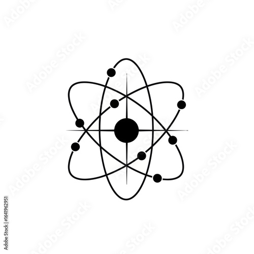 Simple black and white atom graphic for educational or scientific purposes