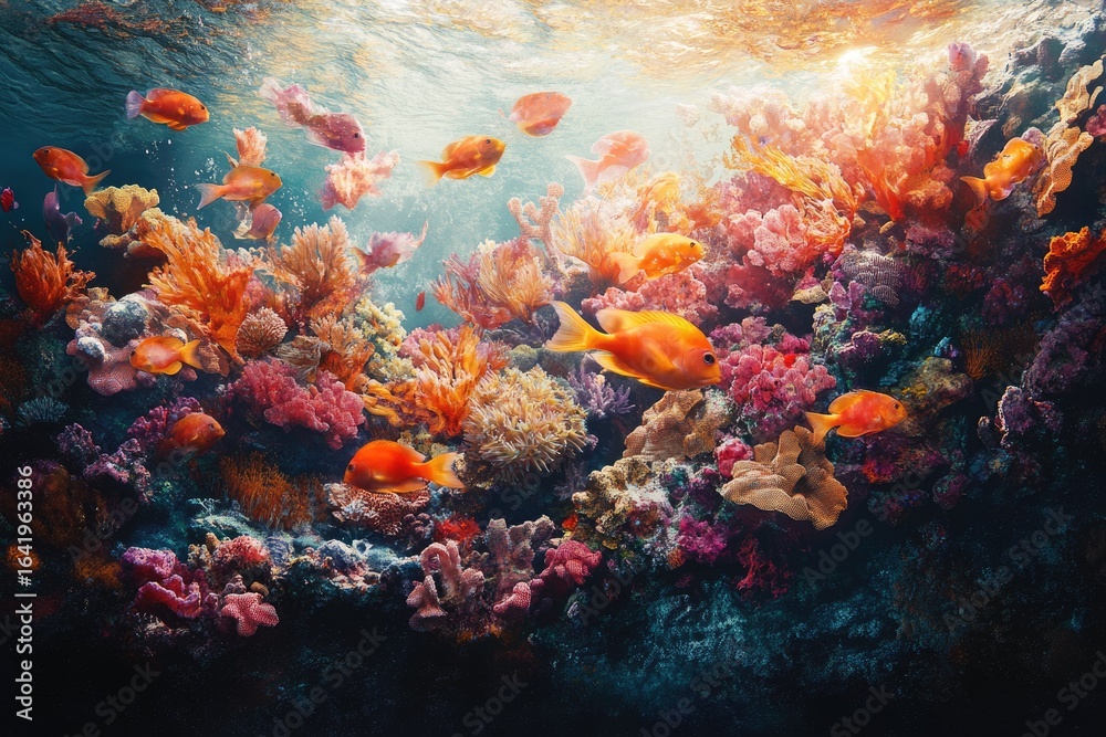 Fototapeta premium Vibrant coral reef teeming with life, showcasing diverse fish and colorful coral formations in a sunlit underwater scene.