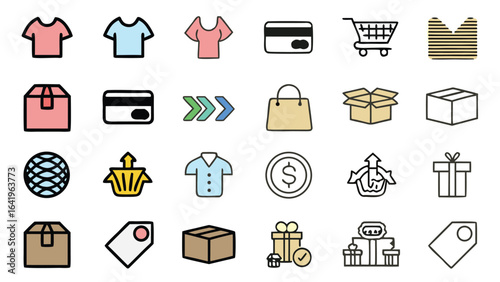 E-commerce and Shopping Icon Set – Colorful T-shirt, Credit Card, Cart, Box, Bag, Tag, Globe, Gift, Dollar, Arrow, and Delivery Symbols for Online Store, Retail Business, and Digital Marketing Design 