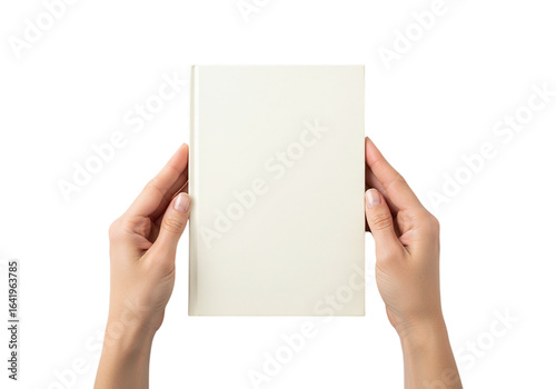 Photo of woman holding a blank white book cover mockup with her hands on an isolated background isolated on transparent background