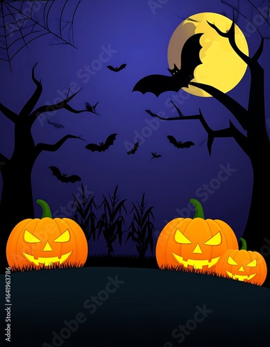 Spooky Halloween night scene with pumpkins