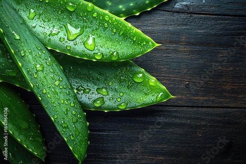 Fresh aloe vera leaves with water droplets on dark wooden background. Natural skincare concept.