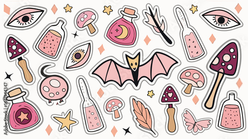 Mystical Witchy Sticker Set with Bat, Magic Potions, Mushrooms, Eyes, Stars, and Feathers in Pink and Purple Aesthetic for Halloween, Occult, and Magical Decorative Design Inspiration