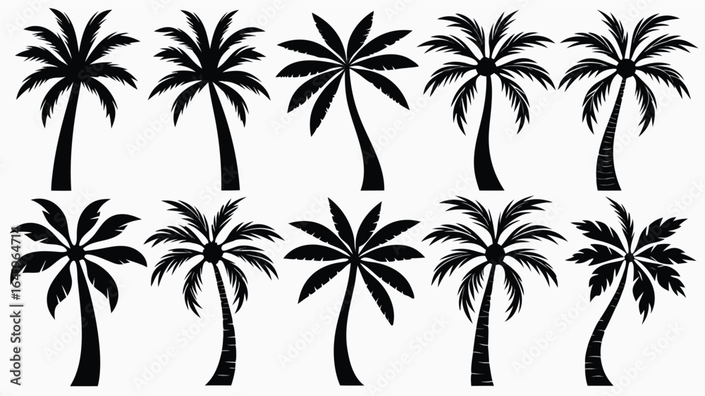 Fototapeta premium Adobe Illustrator ABlack Palm Tree Silhouette Vector Set with Detailed Leaves and Trunks for Tropical, Beach, Island, Summer, and Vacation Design Elements in Exotic Nature Clipart Stylertwork