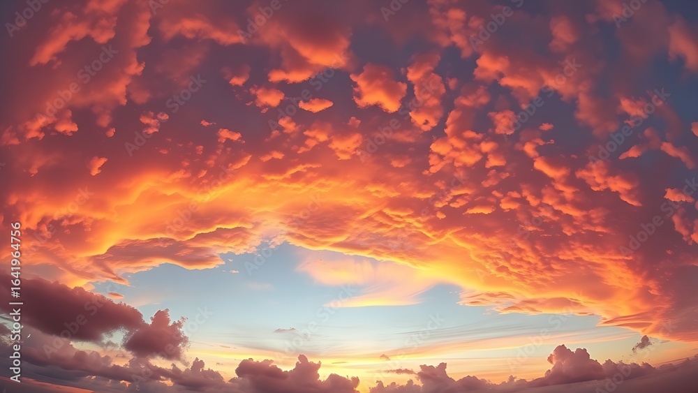 Fototapeta premium Dramatic sunrise and sunset sky with vibrant clouds, showcasing warm and cool color contrasts in a panoramic view.