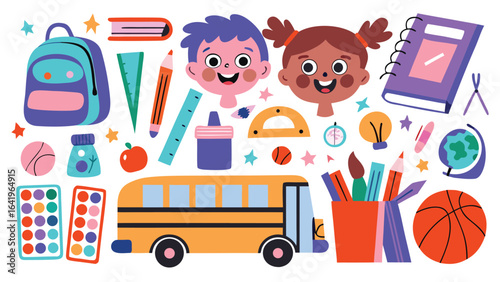Fun Back to School Illustration with Happy Kids, School Bus, Supplies, Books, Art Materials, Sports Equipment, and Learning Tools for Classroom Posters, Educational Resources, and Creative Teaching Ma