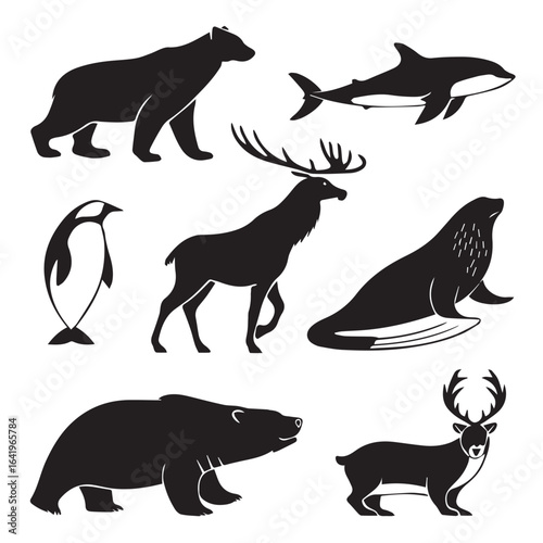 Silhouettes of arctic and antarctic animals in various poses