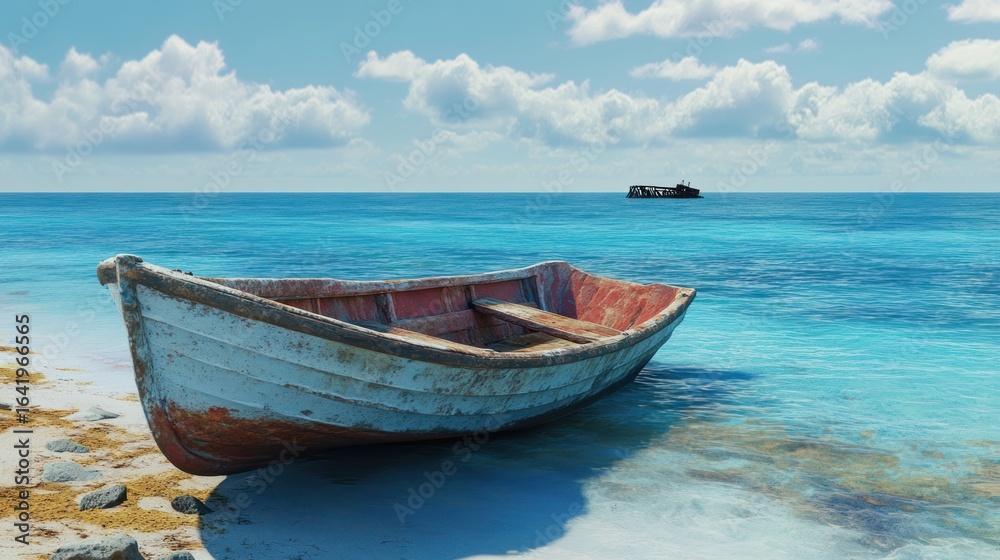 Naklejka premium Old Boat on Tropical Beach Seascape