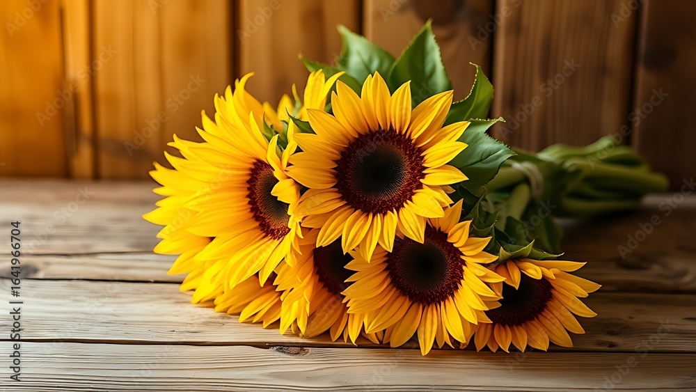 Obraz premium A sunflower bouquet arranged on a rustic wooden surface, glowing with warm golden tones under natural window lighting.