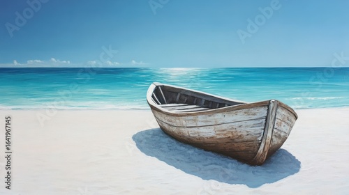 Wooden boat on sandy beach, ocean background, summer calm, travel poster