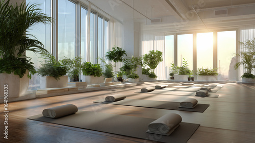 An empty yoga studio with many green plants 