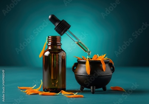 Rich teal backdrop with an amber glass dropper bot