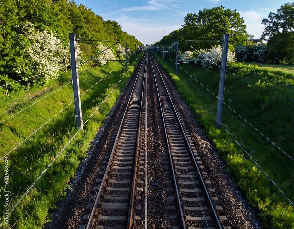 Fototapeta premium Two railway tracks stretching into distance, lined by greenery and trees