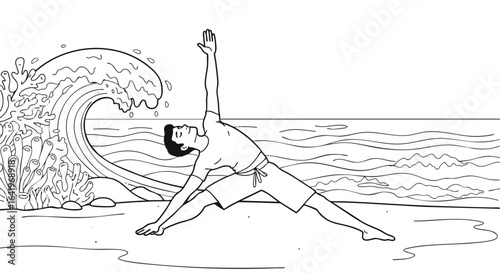 Oceanside Yoga Pose Man Practicing Extended Side Angle Pose on Beach