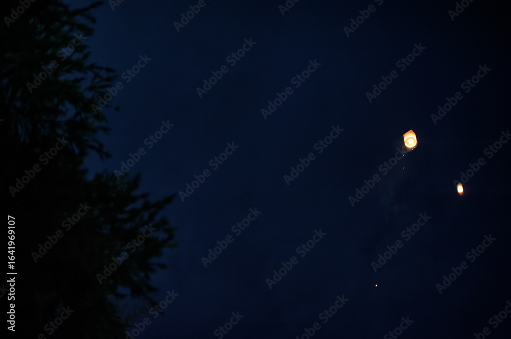 Obraz premium Lanterns gracefully ascend into the night sky, creating a serene and enchanting atmosphere.