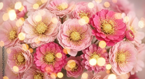 A close up view of pink and white flowers with golden centers and bokeh lights surrounding them