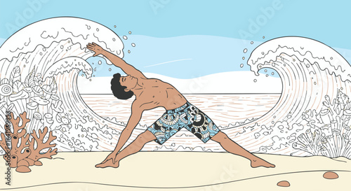 Coastal Wellness Man Practicing Yoga by the Ocean Waves