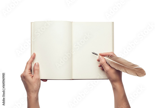 Photo of hands holding a blank open book with a feather pen ready to write a story or take notes isolated on transparent background