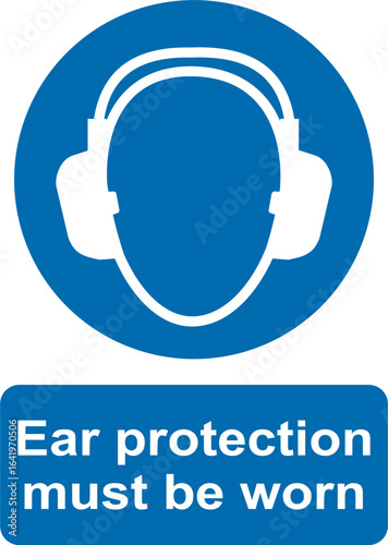 Blue and white circular vector graphic of Ear protection must be worn, mandatory warning sign