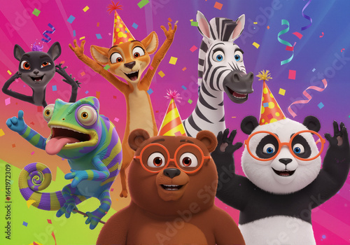 Wallpaper Mural Group of cheerful cartoon animals including a panda and bear celebrating a festive birthday party with confetti. Torontodigital.ca