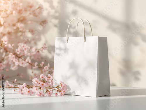 White shopping bag with delicate pink cherry blossoms paper bag spring flowers