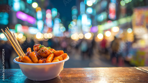 Spicy Tteokbokki in a street-food bowl background with Myeongdong Street