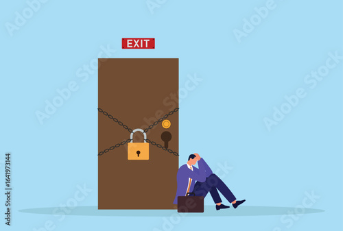 Vector illustration of a depressed businessman sitting in front of a locked door, representing feelings of isolation, blocked opportunities, and emotional struggle in a professional setting
