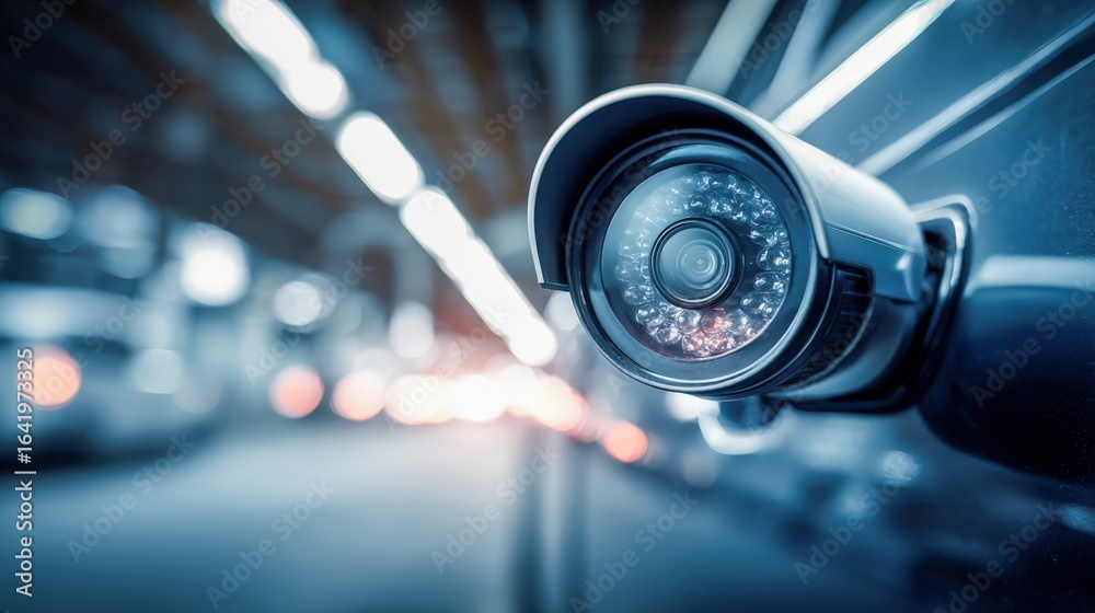 Fototapeta premium CCTV Camera Securing a Parking Garage, Providing Surveillance and Monitoring for Safety and Crime Prevention