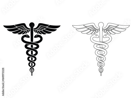 Caduceus Medical Symbol: Black and White Line Art, Professional Healthcare Icon, Clean Minimalist Design.

