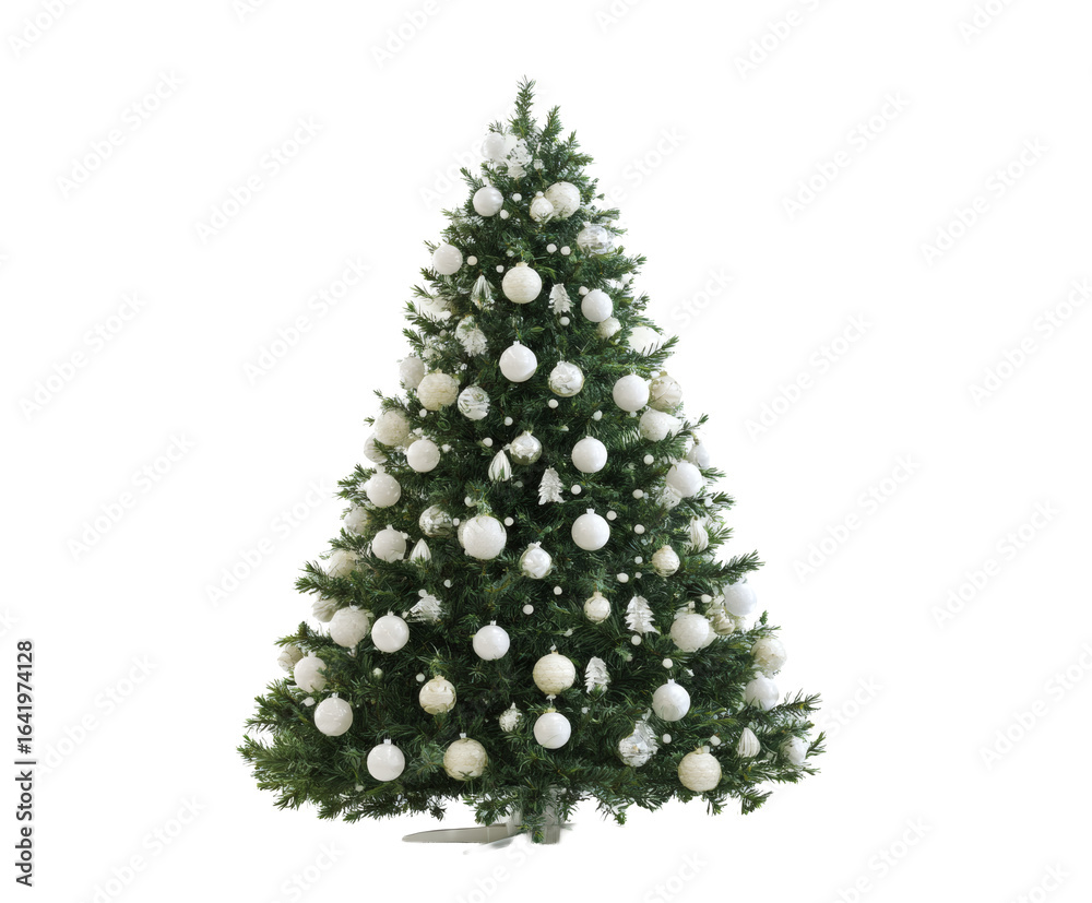 Fototapeta premium An elegant Christmas tree decorated with white ornaments stands tall on a clear background.