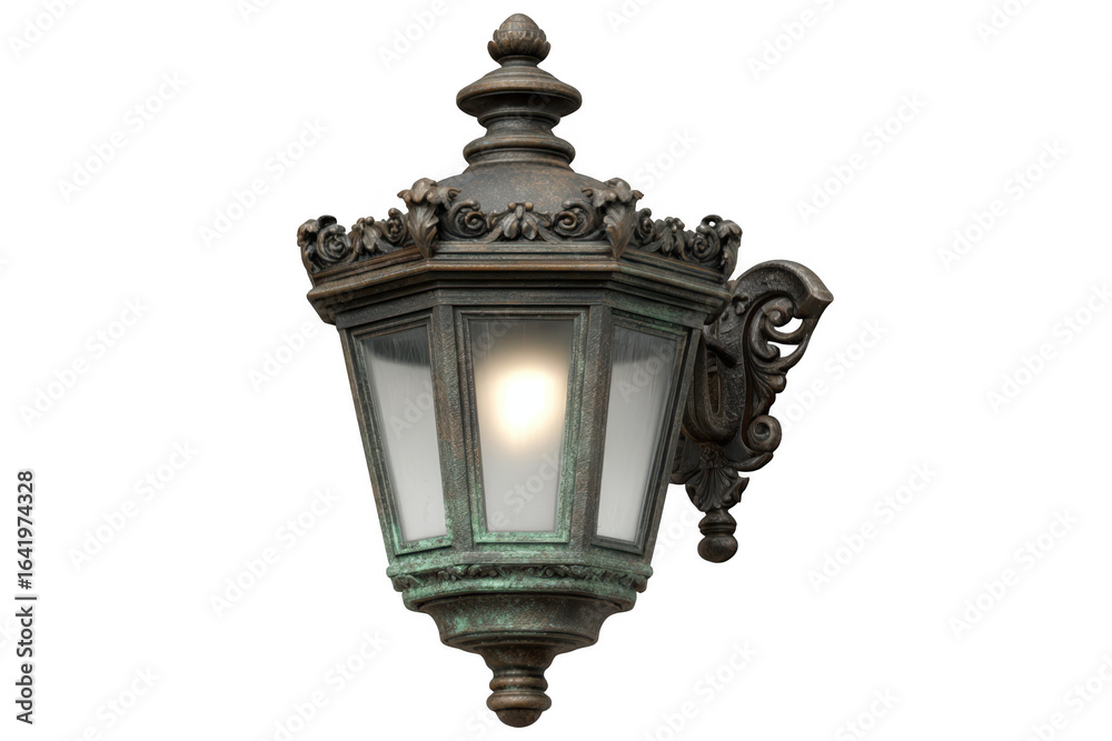 Ornate bronze wall lantern with glowing bulb isolated on transparent background Ornate bronze wall lantern with glowing bulb isolated on transparent background