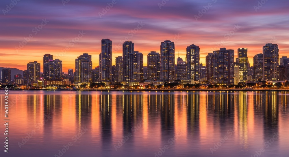 Fototapeta premium City Skyline Sunset Reflection: Stunning Urban Landscape with Vibrant Colors.