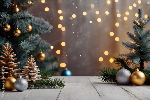 Christmas tree, balls, lights on white wooden table, copy space, blurred bokeh. Christmas mock up banner to display, advertise product, promotion sale, presentation. New year, winter backgrounds.